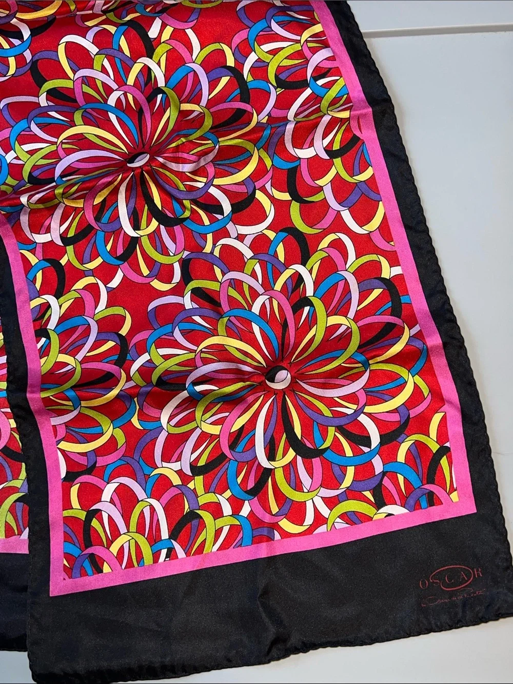 Vintage RARE Oscar de la Renta Red Multicolor Floral Loop Scarf